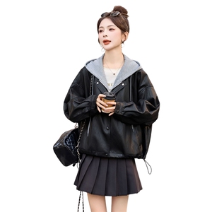 假两件套PU皮连帽短外套女秋季2025新款小个子宽松休闲复古皮夹克图片