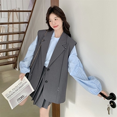 韩系设计感西装马甲套装裙女2025春新款独特漂亮衬衫百褶裙三件套，女装套装/套裙，2C176