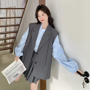 韩系设计感西装马甲套装裙女2025春新款独特漂亮衬衫百褶裙三件套图片