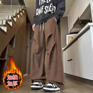 加绒美式复古棕咖色灯芯绒裤子男款秋季美拉德穿搭直筒褶皱伞兵裤图片