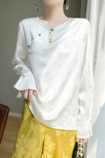 新中式设计感真丝衬衫大码面纯色提花圆领长袖T恤上衣，女装针织衫/毛衣，绒宛羊绒