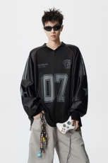 美式翻领POLO衫大码M-5XL插肩拼接V领球衣长袖T恤T78096P48控78，男装T恤，星座227-7