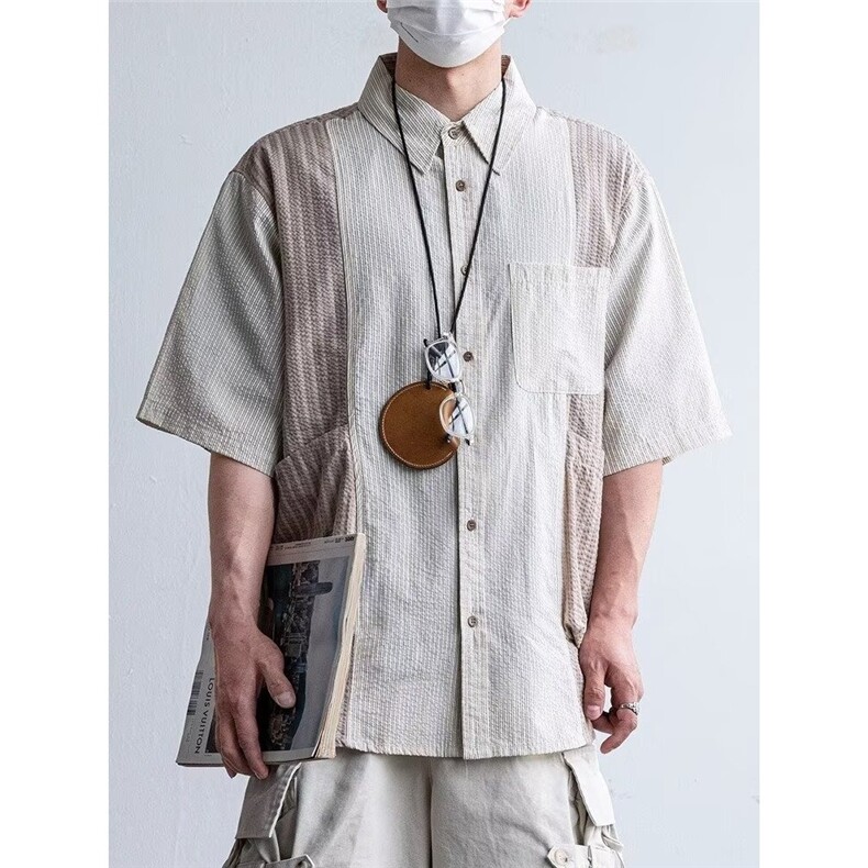 撞色拼接短衬衫单排扣落肩袖短袖宽松型其他休闲翻领夏季潮,男装衬衫,星座506A