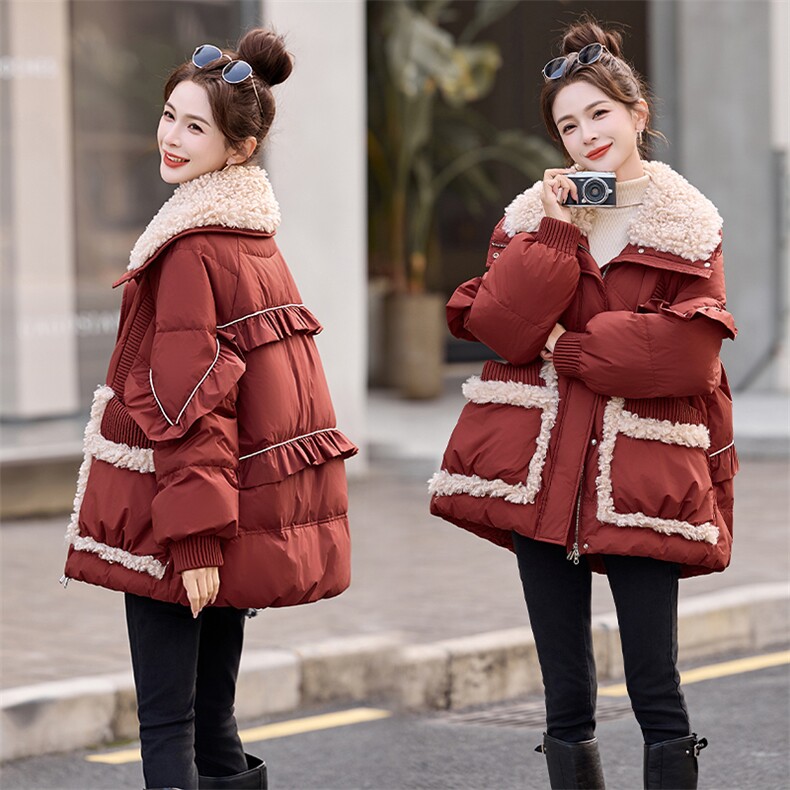 2025冬季新款休闲拼接羊羔毛白鸭绒羽绒服外套，女装羽绒服，橙子家