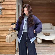 藏青色格子拼接假两件短款羽绒服女冬季2025新款设计感白鸭绒外套，女装羽绒服，慧尚依恋