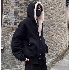 网图连帽座山雕pu皮加绒荔枝纹座山雕领棉衣外套，男装皮衣，电商A426-1(原A430-1)