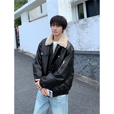 翻领毛领拼接美式复古棉服外套男女冬季新款百搭皮衣AY216-P80，男装皮衣，星座208-5