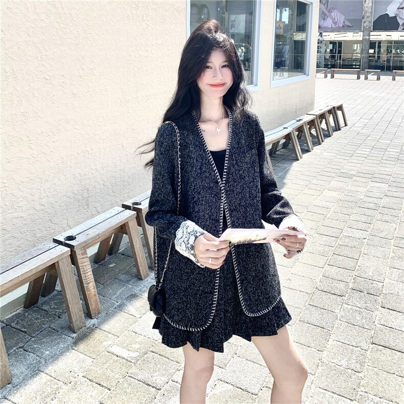 小香风蕾丝拼接浅灰色西装百褶裙套装女春秋小个子两件套ootd穿搭,女装套装/套裙,1D102-1