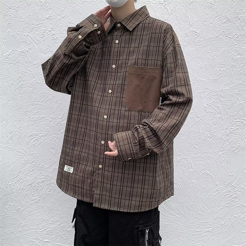 危机青年日系复古格纹长袖衬衫男女春秋宽松百搭休闲衬衣上衣服,男装衬衫,星座813-2