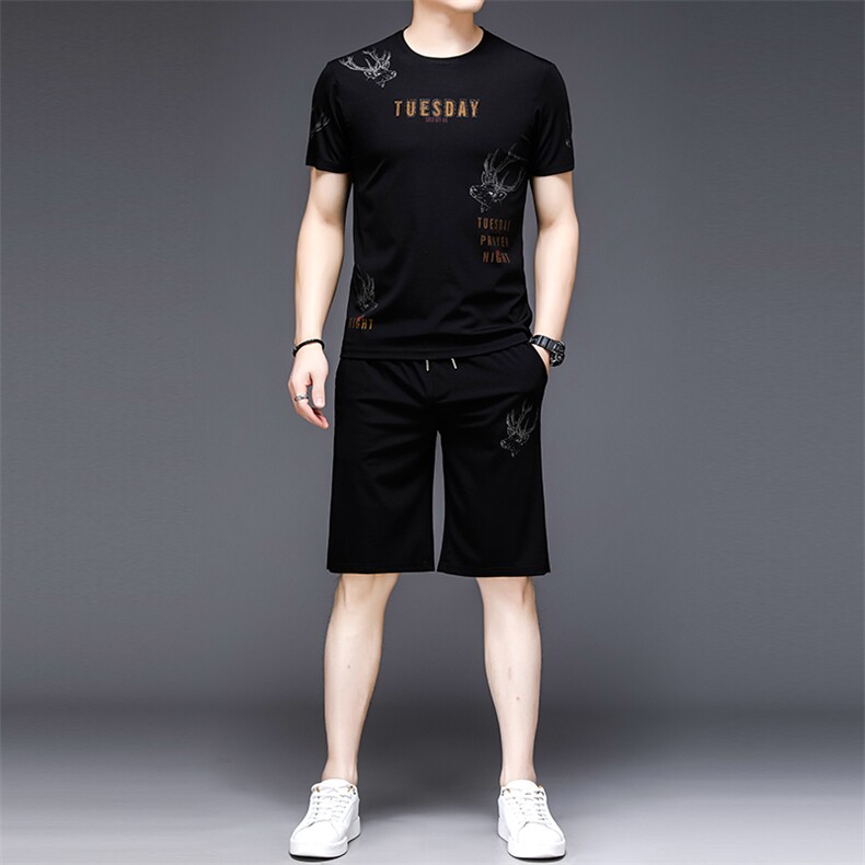YS-X335夏季男式短袖长裤短裤三件套运动休闲套头修身T恤套装P132,男装休闲套装,电商B360