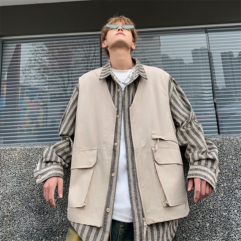 春季日系复古条纹假两件马甲工装衬衫男长袖宽松潮牌潮流,男装背心/马甲,星座410-7