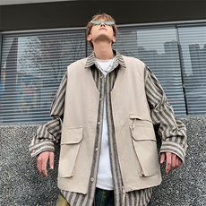 春季日系复古条纹假两件马甲工装衬衫男长袖宽松潮牌潮流，男装背心/马甲，星座410-7