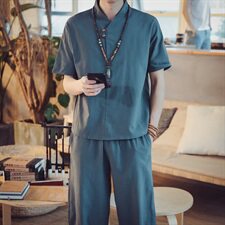 DY10*2021夏季男士棉麻短袖T恤套装阔腿裤两件套装男灰蓝*P55，男装T恤，星座1516（原B303）