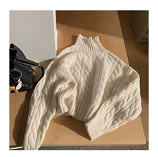 秋季新款舒适显瘦时尚百搭高领廓形麻花针织衫，女装羊毛衫，恒恩羊绒