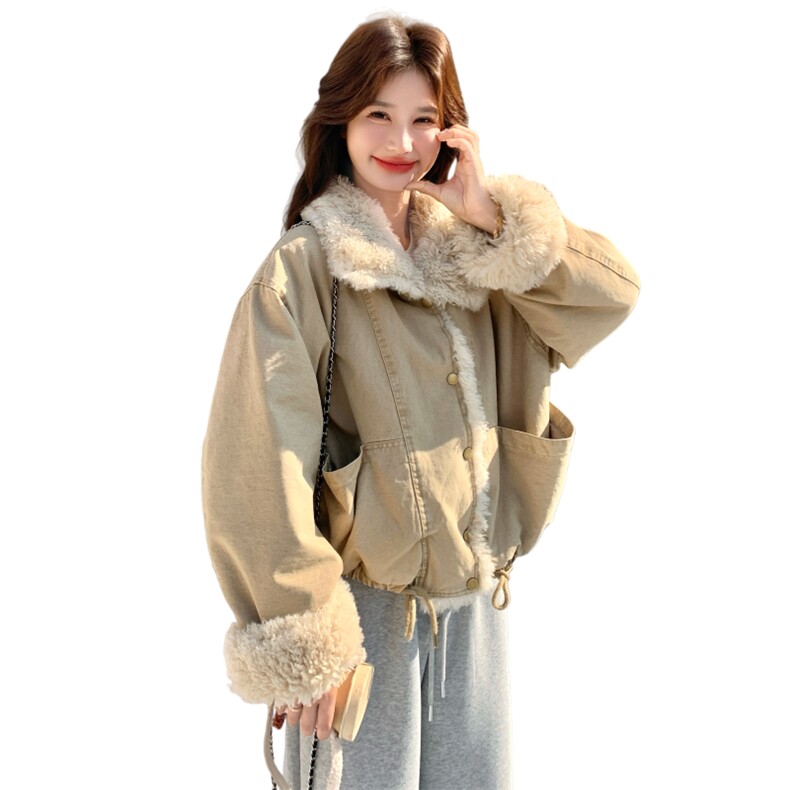 卡其色羊羔毛领派克服女冬小个子加绒加厚宽松棉服高级感保暖外套,女装棉衣/棉服,2C166
