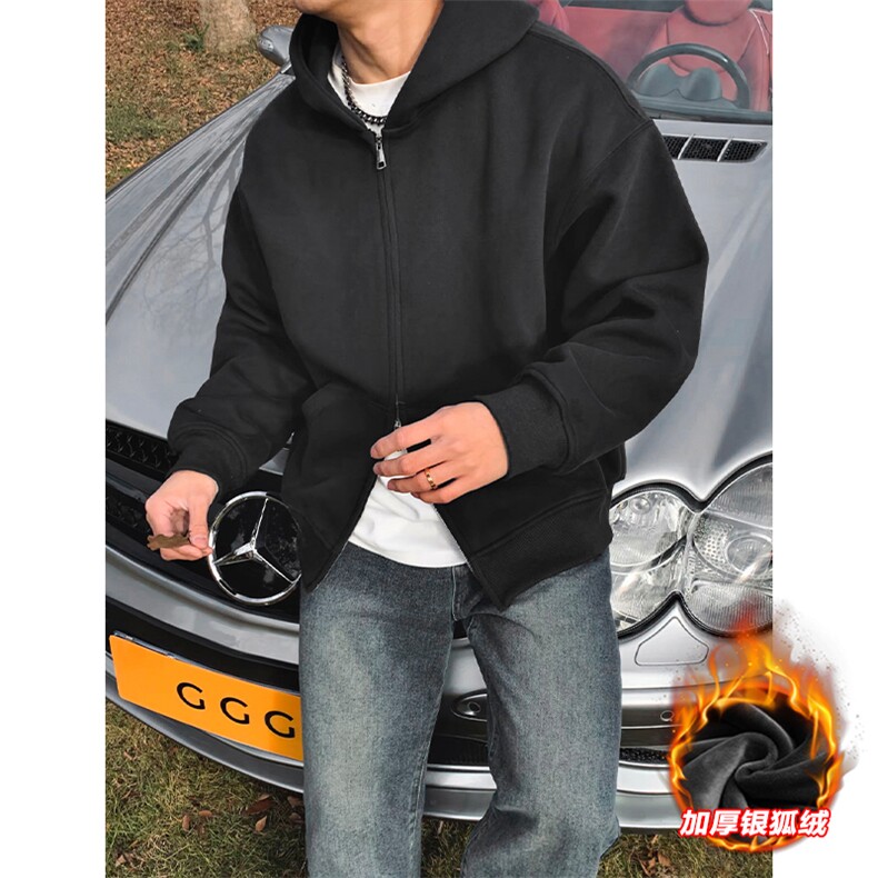网图480g重磅保暖银狐绒双拉链连帽卫衣外套男W24581J加绒-特P40，男装棉衣，电商A001