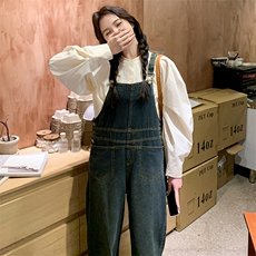 港风复古工装牛仔背带裤女春秋2025新款宽松慵懒风绝美炸街阔腿裤，女装牛仔裤，浙宝305