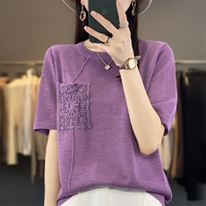 竹节棉t恤女夏季小衫宽松棉麻短袖针织衫女薄款遮肚显瘦刺绣上衣，女装针织衫/毛衣，大美人包芯纱店