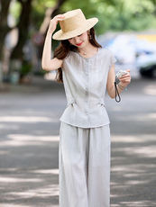 无袖上衣阔腿裤两件套装女夏季2025新款小个子休闲减龄穿搭一整套，女装套装/套裙，姿衣坊