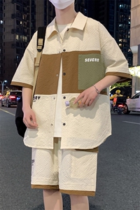 港风夏潮流印花拼接开衫宽松短袖衬衣短裤帅气套装 A436-D218-P60图片