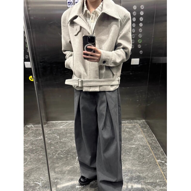 美式正肩绑带毛呢夹克男女冬季痞帅情侣短款工装外套,男装夹克,四季星座505