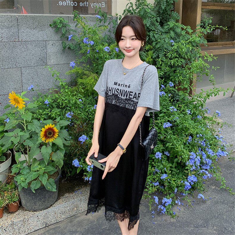 法式慵懒风蕾丝拼接连衣裙女2025夏季新款高级感宽松显瘦T恤裙潮,女装连衣裙,2C029
