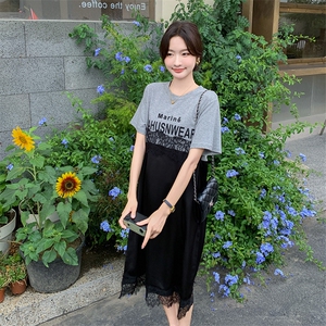 法式慵懒风蕾丝拼接连衣裙女2025夏季新款高级感宽松显瘦T恤裙潮图片