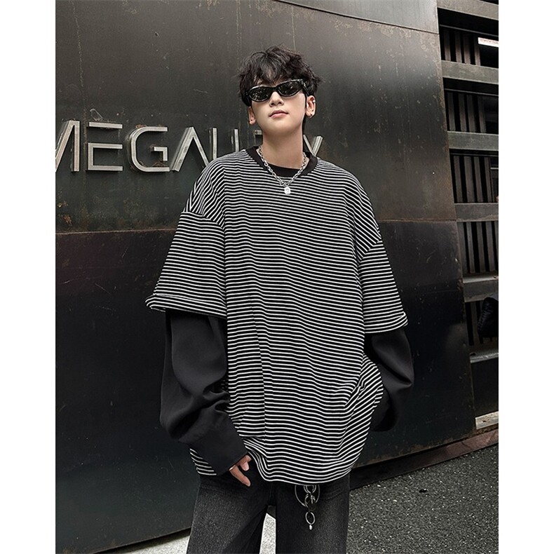 cleanfi条纹假两件卫衣男春秋美式潮牌拼接圆领长袖t恤ST492-P46,男装T恤,星座412-2