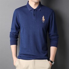 男秋季新款纯色翻领t恤商务休闲简约长袖中年打底上衣DS8282-P80,男装T恤,电商B212（原钱塘6029）