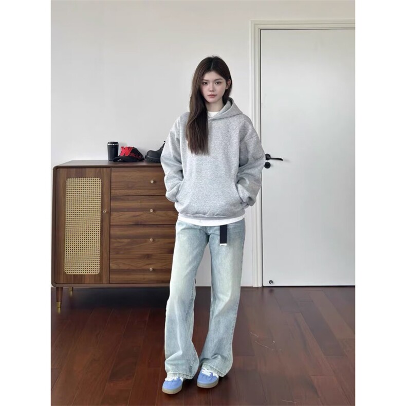 灰色卫衣男秋冬季美式潮牌社恐i人高领连帽上衣服外套LHT2366-P47,女装短外套,星座1008