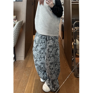 棉麻风提花阔腿裤子男新款复古慵懒宽松直筒休闲拖地裤D506/P55图片