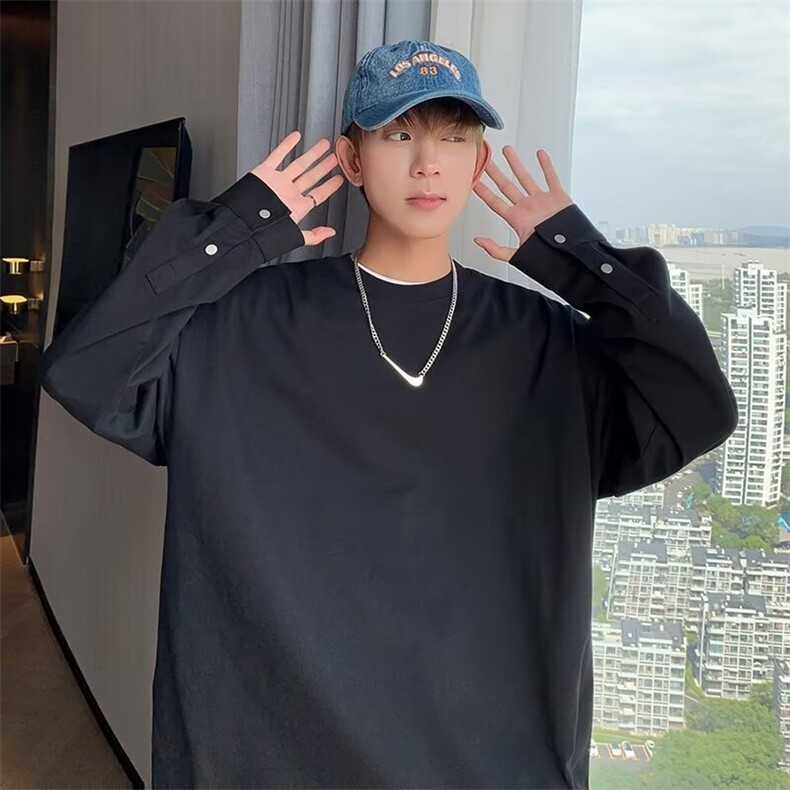 长袖T恤男秋季潮牌港风宽松大码ins上衣百搭体恤打底衫ST238-P34，男装T恤，星座412-3