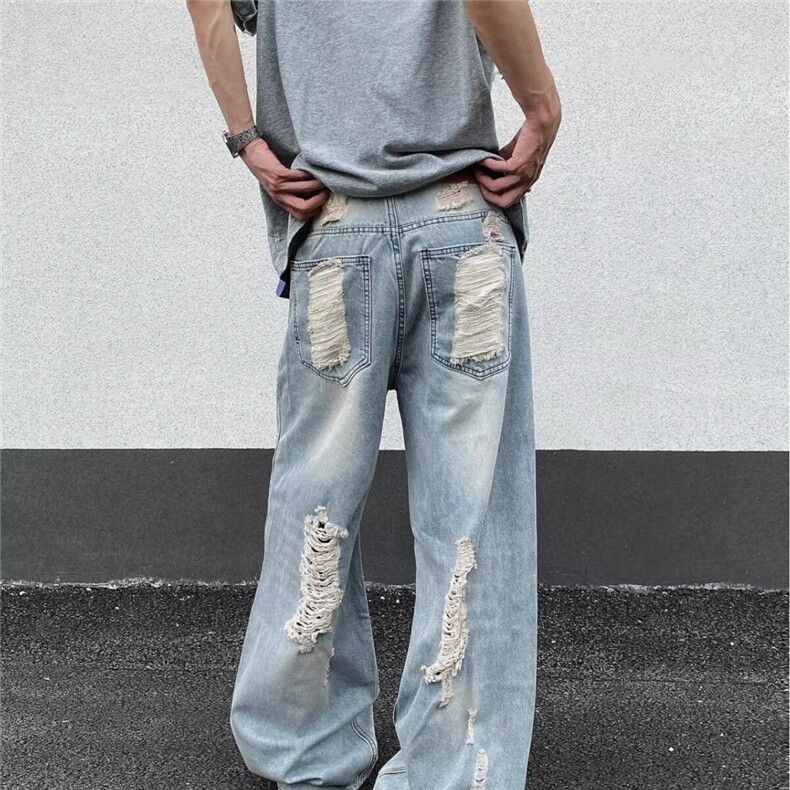 美式复古破洞牛仔裤男女夏季高街设计感直筒宽松阔腿裤NA7018-P55,男装牛仔裤,星座208-5