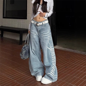 N7050-P50 美式复古印花直筒牛仔裤女2025新款春秋高腰宽松裤子图片