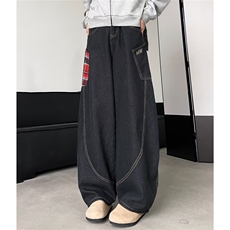 美式格纹拼接格子男女牛仔裤秋季2024新款宽松弯刀阔腿长裤XK8091，男装牛仔裤，星座506