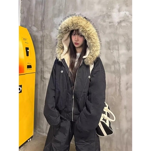 现货重磅boxy短款棉衣座山雕大毛毛领男女棉服水洗工装厚外套图片