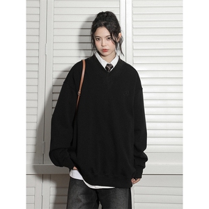 中性秋装新品 美式设计感大V领重磅情侣卫衣外套上衣女 D364 P58图片