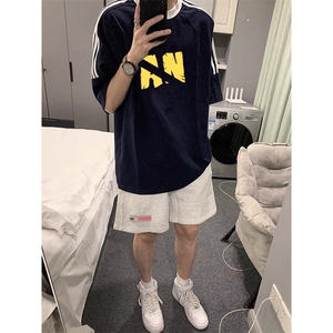 夏季美式高街重磅纯棉三条杠织带撞色男女短袖T恤ZD332-特P30图片