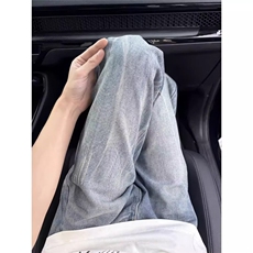 水洗蓝闪电纹牛仔裤男款夏季薄款美式高街vibe裤子高腰直筒微喇裤，男装牛仔裤，星座1008