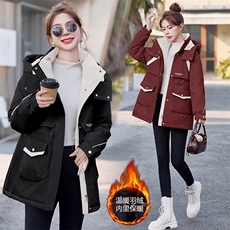 拼色工装羽绒服女中长款2026冬季新款保暖白鸭绒冲锋衣派克服外套，女装羽绒服，星宇服饰