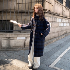 高级感中长款格子双面羊毛大衣女冬季2025复古连帽牛角扣毛呢大衣，女装毛呢外套，2D014