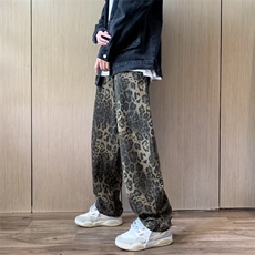 垂感豹纹牛仔裤男款潮牌欧美hiphop裤子宽松直筒阔腿长裤K8924，男装休闲裤，星座1116A-1（原606A）