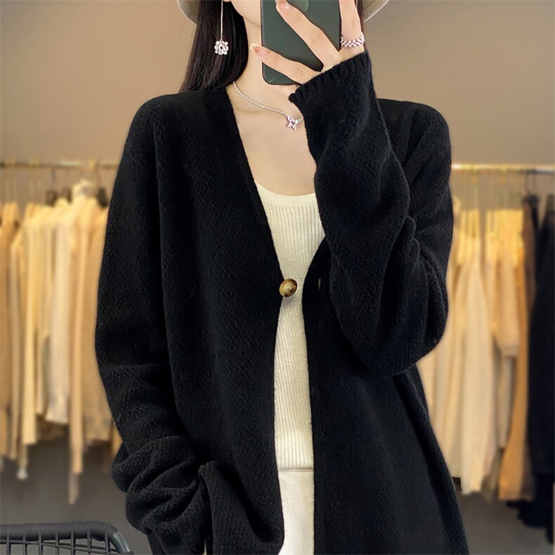 24秋冬新款100%纯羊绒开衫女一粒扣V领宽松百搭长袖羊毛针织外套,女装羊毛衫,片语羊绒