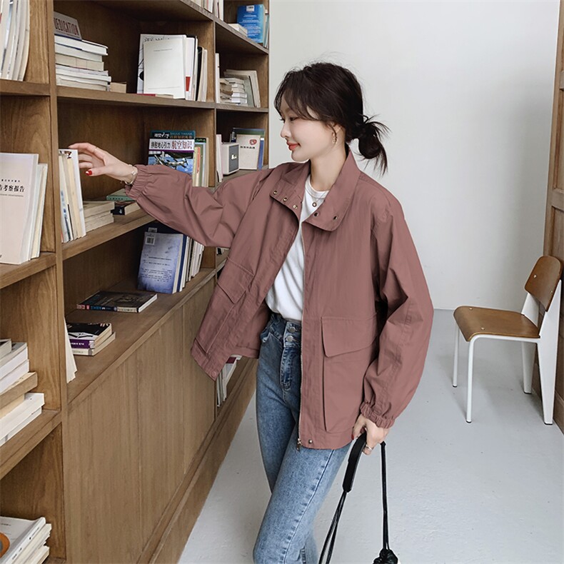 2025年秋季宽松型日韩休闲长袖拉链棉类混纺立领学院风风衣外套,女装风衣,秋牧寒烟