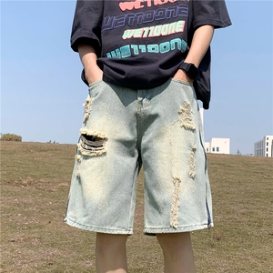五分牛仔短裤男士宽松直筒青少年夏季薄款中裤潮流休闲运动短裤图片