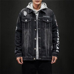 jk818-p80 M-5XL黑墙ins牛仔夹克绣花破洞大码男日系CITYBOY图片