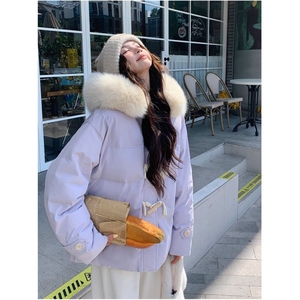 胖mm大码女装牛角扣羽绒棉服女韩系甜美风减龄棉衣连帽加厚外套女图片