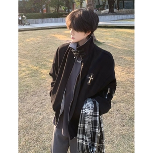 十字架贴皮刺绣翻领外套男款春秋季宽松撞色拼接夹克 J6205图片