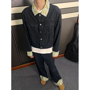 【有货】DT7010-P118美式潮牌格纹拼接男春秋夹克牛仔裤两件套装图片
