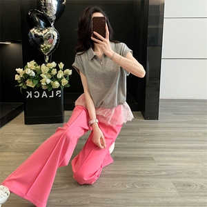 盐系炸街时尚休闲运动套装女夏季新款蕾丝拼接短袖阔腿长裤两件套图片